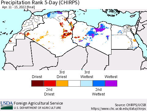 North Africa Precipitation Rank since 1981, 5-Day (CHIRPS) Thematic Map For 4/11/2022 - 4/15/2022