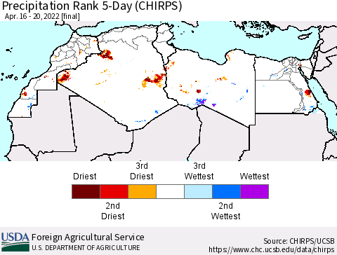 North Africa Precipitation Rank since 1981, 5-Day (CHIRPS) Thematic Map For 4/16/2022 - 4/20/2022
