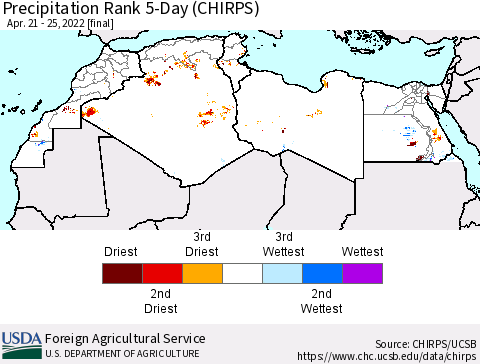 North Africa Precipitation Rank since 1981, 5-Day (CHIRPS) Thematic Map For 4/21/2022 - 4/25/2022