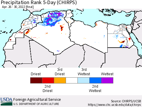 North Africa Precipitation Rank since 1981, 5-Day (CHIRPS) Thematic Map For 4/26/2022 - 4/30/2022