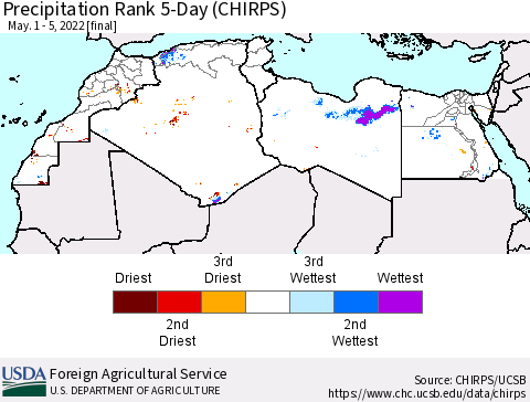 North Africa Precipitation Rank since 1981, 5-Day (CHIRPS) Thematic Map For 5/1/2022 - 5/5/2022