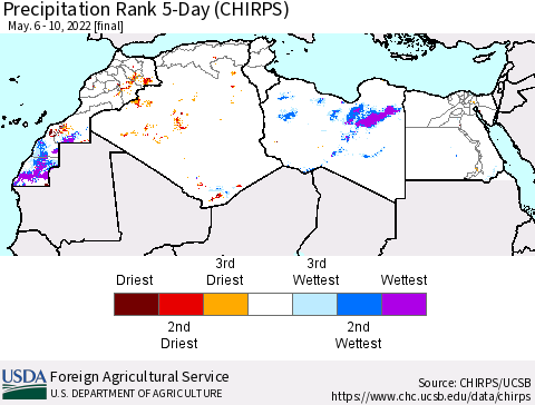 North Africa Precipitation Rank since 1981, 5-Day (CHIRPS) Thematic Map For 5/6/2022 - 5/10/2022