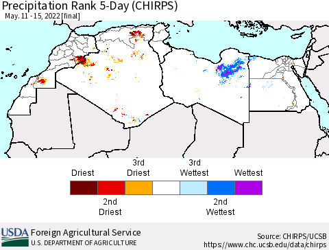 North Africa Precipitation Rank since 1981, 5-Day (CHIRPS) Thematic Map For 5/11/2022 - 5/15/2022