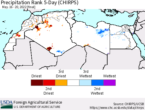 North Africa Precipitation Rank since 1981, 5-Day (CHIRPS) Thematic Map For 5/16/2022 - 5/20/2022