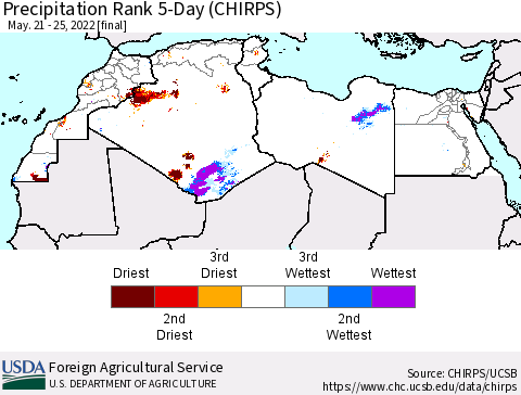 North Africa Precipitation Rank since 1981, 5-Day (CHIRPS) Thematic Map For 5/21/2022 - 5/25/2022