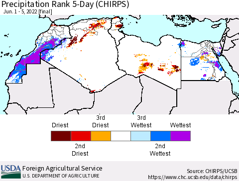 North Africa Precipitation Rank since 1981, 5-Day (CHIRPS) Thematic Map For 6/1/2022 - 6/5/2022