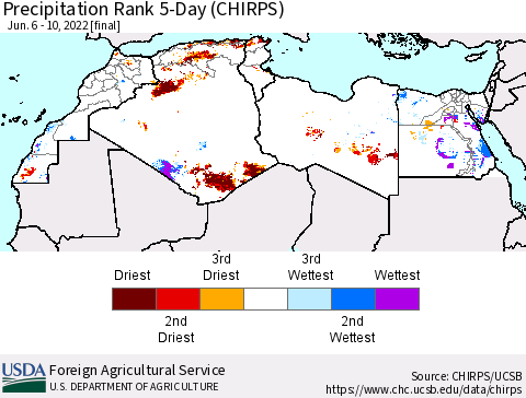 North Africa Precipitation Rank since 1981, 5-Day (CHIRPS) Thematic Map For 6/6/2022 - 6/10/2022