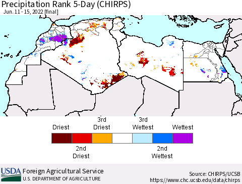 North Africa Precipitation Rank since 1981, 5-Day (CHIRPS) Thematic Map For 6/11/2022 - 6/15/2022