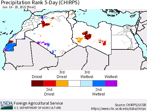 North Africa Precipitation Rank since 1981, 5-Day (CHIRPS) Thematic Map For 6/16/2022 - 6/20/2022