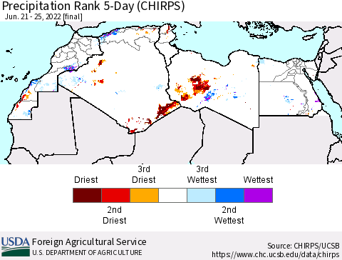 North Africa Precipitation Rank since 1981, 5-Day (CHIRPS) Thematic Map For 6/21/2022 - 6/25/2022