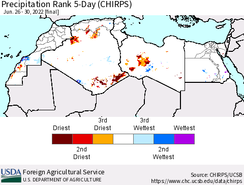 North Africa Precipitation Rank since 1981, 5-Day (CHIRPS) Thematic Map For 6/26/2022 - 6/30/2022