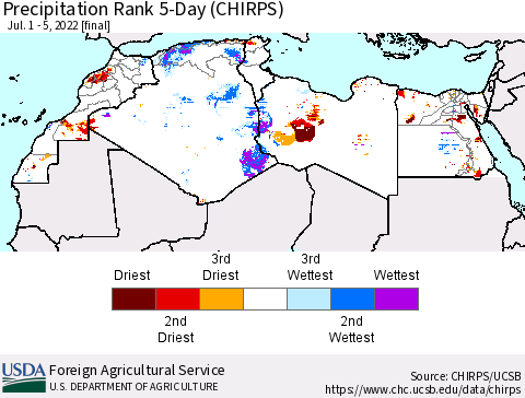 North Africa Precipitation Rank since 1981, 5-Day (CHIRPS) Thematic Map For 7/1/2022 - 7/5/2022