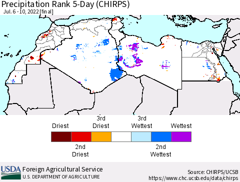 North Africa Precipitation Rank since 1981, 5-Day (CHIRPS) Thematic Map For 7/6/2022 - 7/10/2022