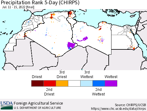 North Africa Precipitation Rank since 1981, 5-Day (CHIRPS) Thematic Map For 7/11/2022 - 7/15/2022