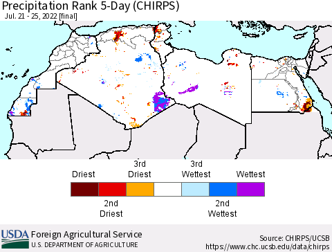 North Africa Precipitation Rank since 1981, 5-Day (CHIRPS) Thematic Map For 7/21/2022 - 7/25/2022