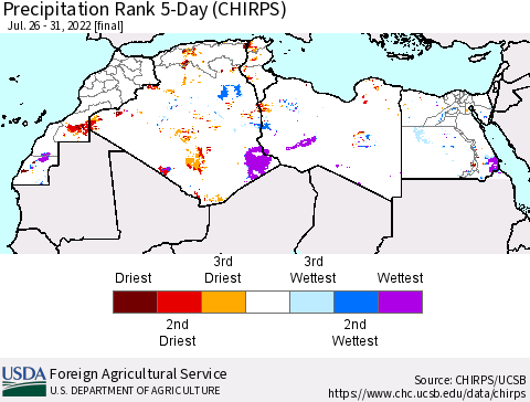 North Africa Precipitation Rank since 1981, 5-Day (CHIRPS) Thematic Map For 7/26/2022 - 7/31/2022