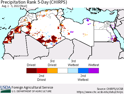 North Africa Precipitation Rank since 1981, 5-Day (CHIRPS) Thematic Map For 8/1/2022 - 8/5/2022