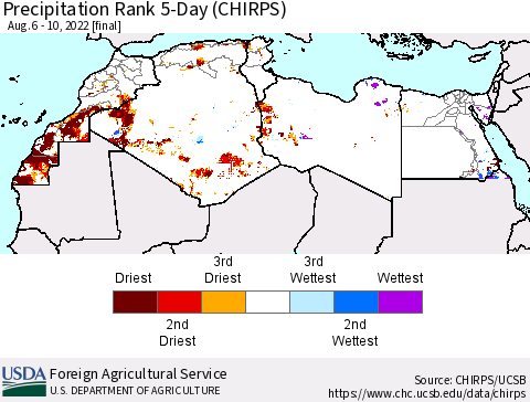 North Africa Precipitation Rank since 1981, 5-Day (CHIRPS) Thematic Map For 8/6/2022 - 8/10/2022