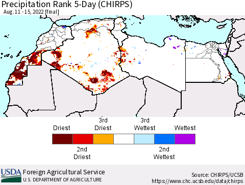 North Africa Precipitation Rank since 1981, 5-Day (CHIRPS) Thematic Map For 8/11/2022 - 8/15/2022