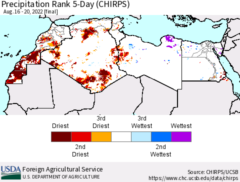 North Africa Precipitation Rank since 1981, 5-Day (CHIRPS) Thematic Map For 8/16/2022 - 8/20/2022