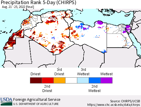North Africa Precipitation Rank since 1981, 5-Day (CHIRPS) Thematic Map For 8/21/2022 - 8/25/2022