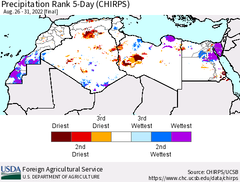 North Africa Precipitation Rank since 1981, 5-Day (CHIRPS) Thematic Map For 8/26/2022 - 8/31/2022