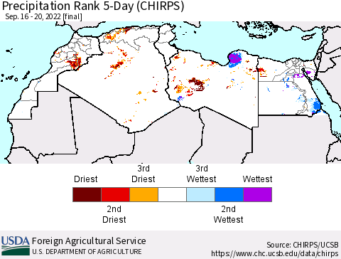 North Africa Precipitation Rank since 1981, 5-Day (CHIRPS) Thematic Map For 9/16/2022 - 9/20/2022
