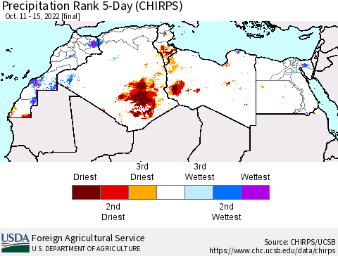 North Africa Precipitation Rank since 1981, 5-Day (CHIRPS) Thematic Map For 10/11/2022 - 10/15/2022