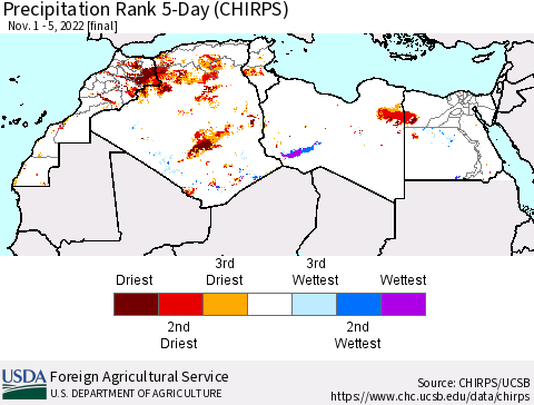 North Africa Precipitation Rank since 1981, 5-Day (CHIRPS) Thematic Map For 11/1/2022 - 11/5/2022
