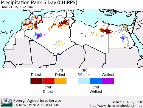 North Africa Precipitation Rank since 1981, 5-Day (CHIRPS) Thematic Map For 11/21/2022 - 11/25/2022