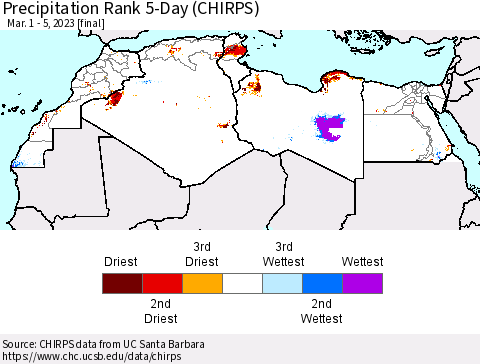 North Africa Precipitation Rank since 1981, 5-Day (CHIRPS) Thematic Map For 3/1/2023 - 3/5/2023