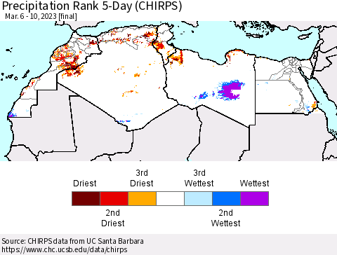 North Africa Precipitation Rank since 1981, 5-Day (CHIRPS) Thematic Map For 3/6/2023 - 3/10/2023