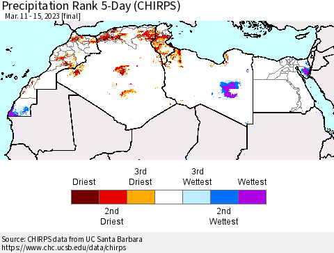 North Africa Precipitation Rank since 1981, 5-Day (CHIRPS) Thematic Map For 3/11/2023 - 3/15/2023