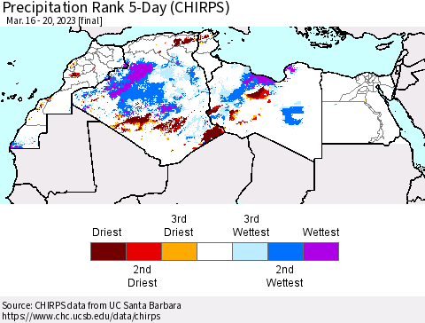 North Africa Precipitation Rank since 1981, 5-Day (CHIRPS) Thematic Map For 3/16/2023 - 3/20/2023