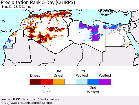 North Africa Precipitation Rank since 1981, 5-Day (CHIRPS) Thematic Map For 3/21/2023 - 3/25/2023
