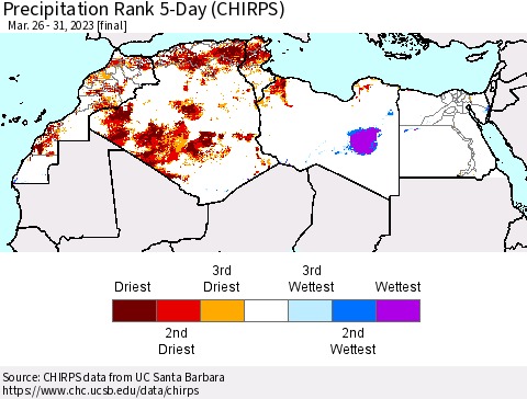 North Africa Precipitation Rank since 1981, 5-Day (CHIRPS) Thematic Map For 3/26/2023 - 3/31/2023