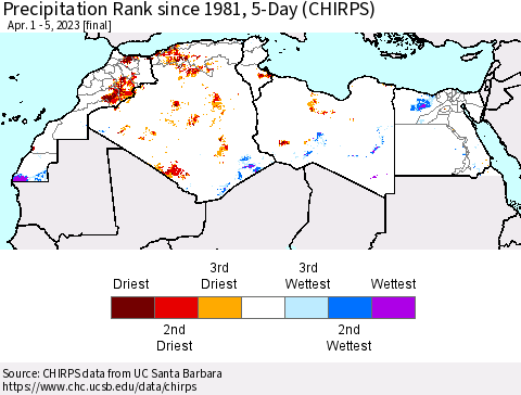 North Africa Precipitation Rank since 1981, 5-Day (CHIRPS) Thematic Map For 4/1/2023 - 4/5/2023