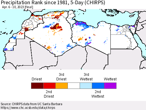 North Africa Precipitation Rank since 1981, 5-Day (CHIRPS) Thematic Map For 4/6/2023 - 4/10/2023