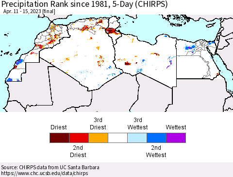 North Africa Precipitation Rank since 1981, 5-Day (CHIRPS) Thematic Map For 4/11/2023 - 4/15/2023