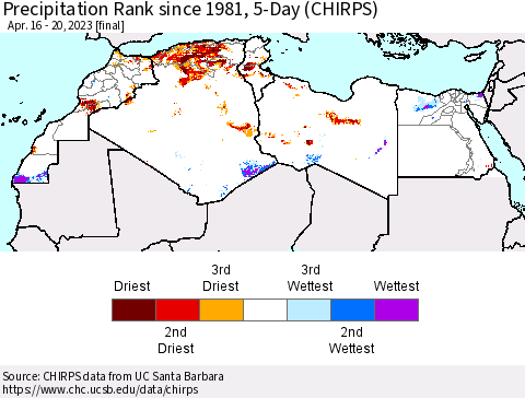 North Africa Precipitation Rank since 1981, 5-Day (CHIRPS) Thematic Map For 4/16/2023 - 4/20/2023