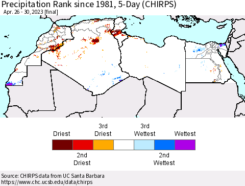 North Africa Precipitation Rank since 1981, 5-Day (CHIRPS) Thematic Map For 4/26/2023 - 4/30/2023