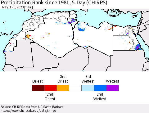 North Africa Precipitation Rank since 1981, 5-Day (CHIRPS) Thematic Map For 5/1/2023 - 5/5/2023