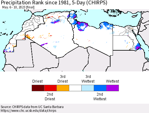 North Africa Precipitation Rank since 1981, 5-Day (CHIRPS) Thematic Map For 5/6/2023 - 5/10/2023