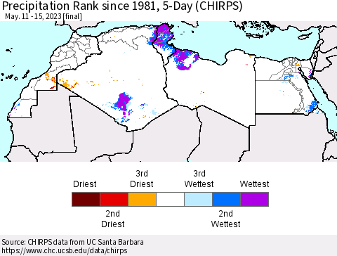 North Africa Precipitation Rank since 1981, 5-Day (CHIRPS) Thematic Map For 5/11/2023 - 5/15/2023
