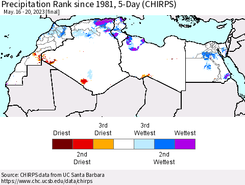 North Africa Precipitation Rank since 1981, 5-Day (CHIRPS) Thematic Map For 5/16/2023 - 5/20/2023