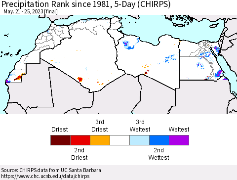 North Africa Precipitation Rank since 1981, 5-Day (CHIRPS) Thematic Map For 5/21/2023 - 5/25/2023