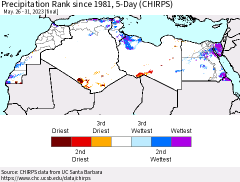 North Africa Precipitation Rank since 1981, 5-Day (CHIRPS) Thematic Map For 5/26/2023 - 5/31/2023