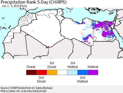 North Africa Precipitation Rank since 1981, 5-Day (CHIRPS) Thematic Map For 6/1/2023 - 6/5/2023
