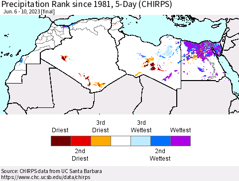 North Africa Precipitation Rank since 1981, 5-Day (CHIRPS) Thematic Map For 6/6/2023 - 6/10/2023