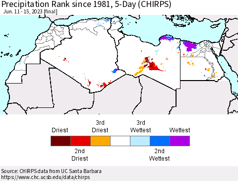 North Africa Precipitation Rank since 1981, 5-Day (CHIRPS) Thematic Map For 6/11/2023 - 6/15/2023